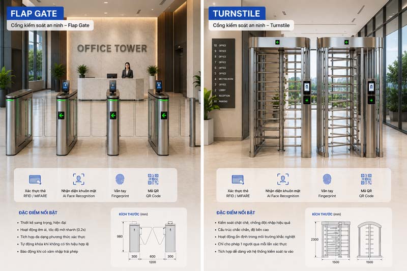 Cổng kiểm soát an ninh Flap Gate và Turnstile tự động kết nối phần mềm